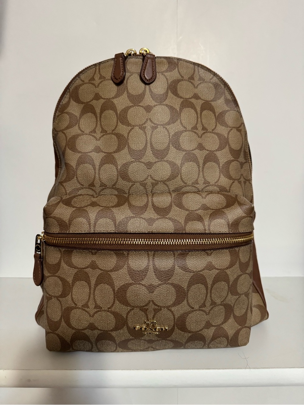 Coach Signature Canvas Mini Backpack Brown Tan Leather Trim